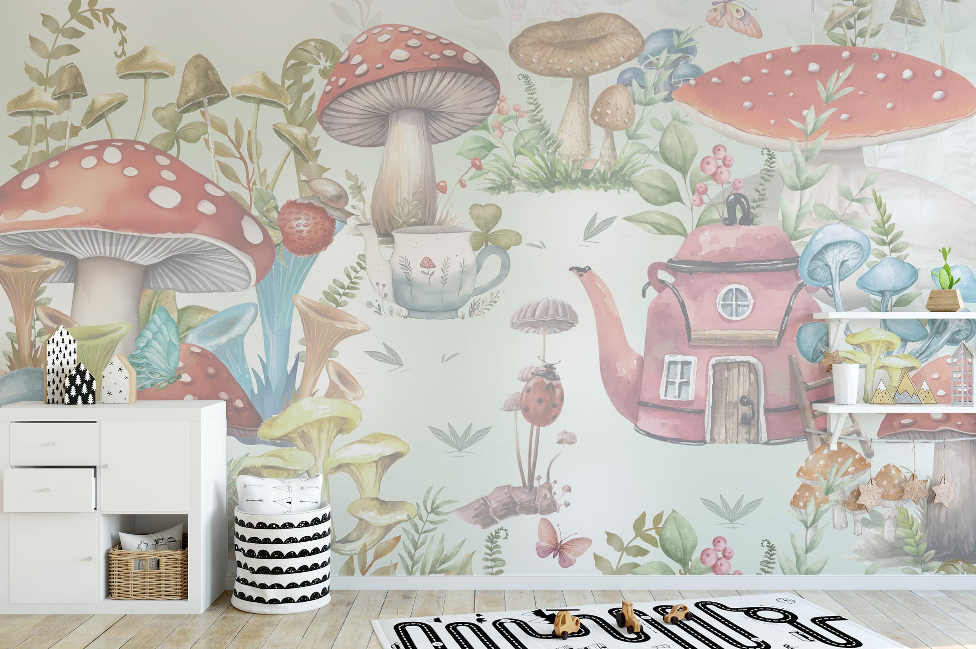 Whimsical Mushroom Garden wallpaper mural of red toadstools and a teapot house beside a white dresser in a kids room