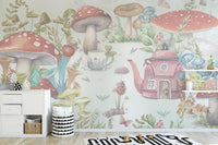Whimsical Mushroom Garden wallpaper mural of red toadstools and a teapot house beside a white dresser in a kids room