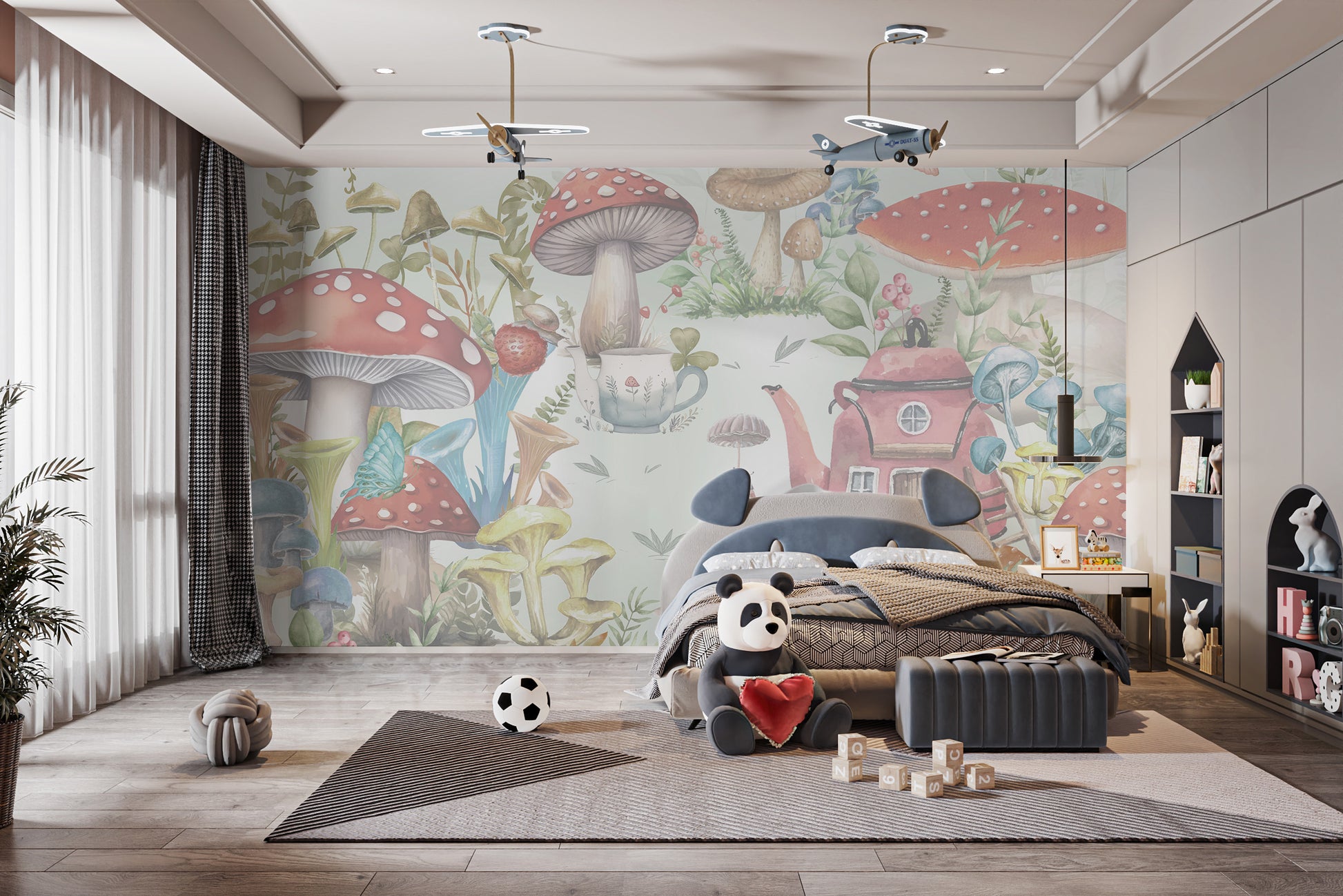 Whimsical Mushroom Garden wallpaper mural of red toadstools and a pink teapot house behind a grey bed with a panda plush