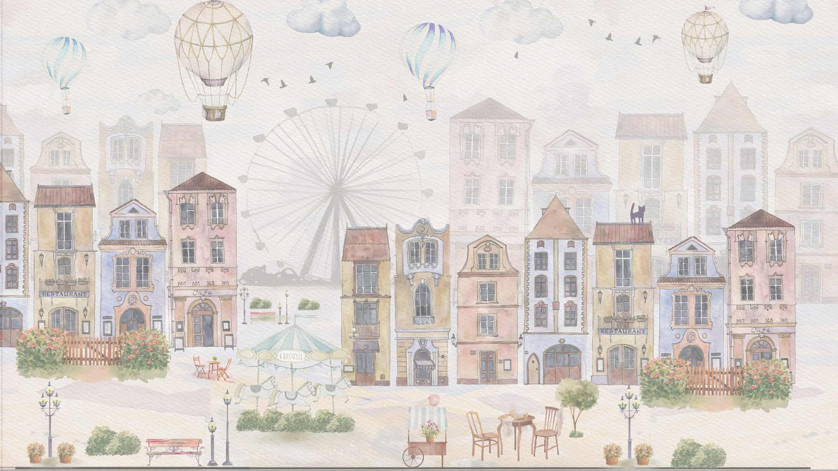Watercolor Old City Kids Wallpaper in your room — zoomed