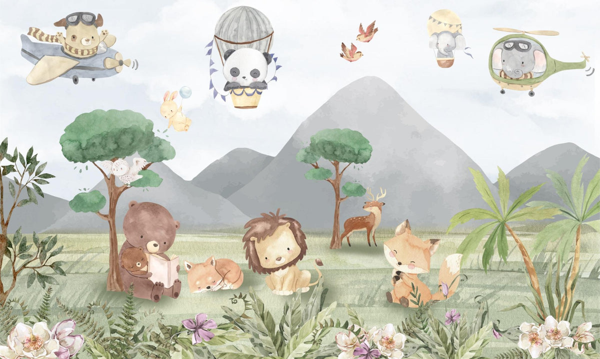 Playful Animals Forest Wall Mural in your room — zoomed