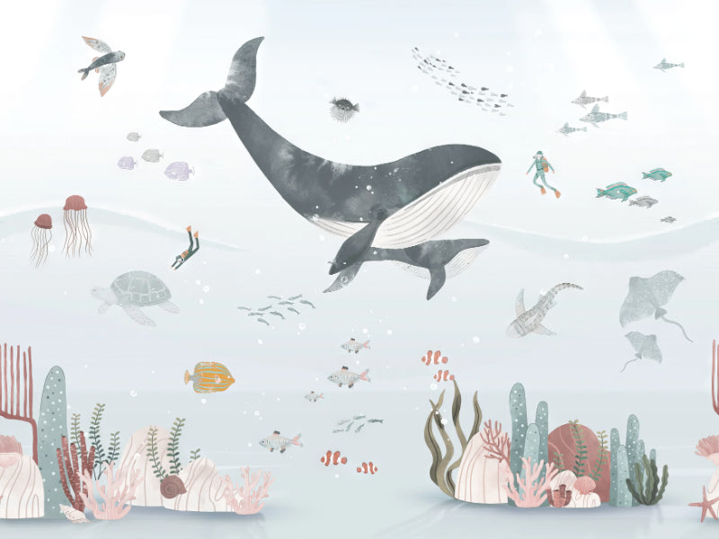 Ocean Whale Wallpaper Mural in your room — zoomed