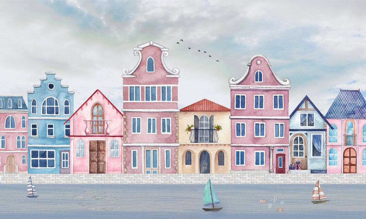Coastal Town Wall Mural in your room — zoomed