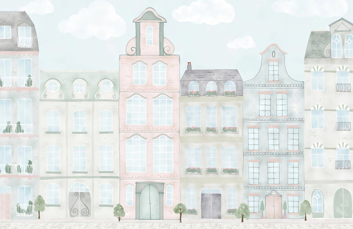 Watercolor City Scene Mural Wallpaper in your room — zoomed