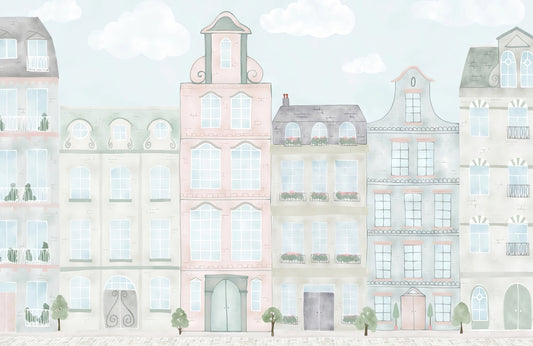 Watercolor City Scene Mural Wallpaper