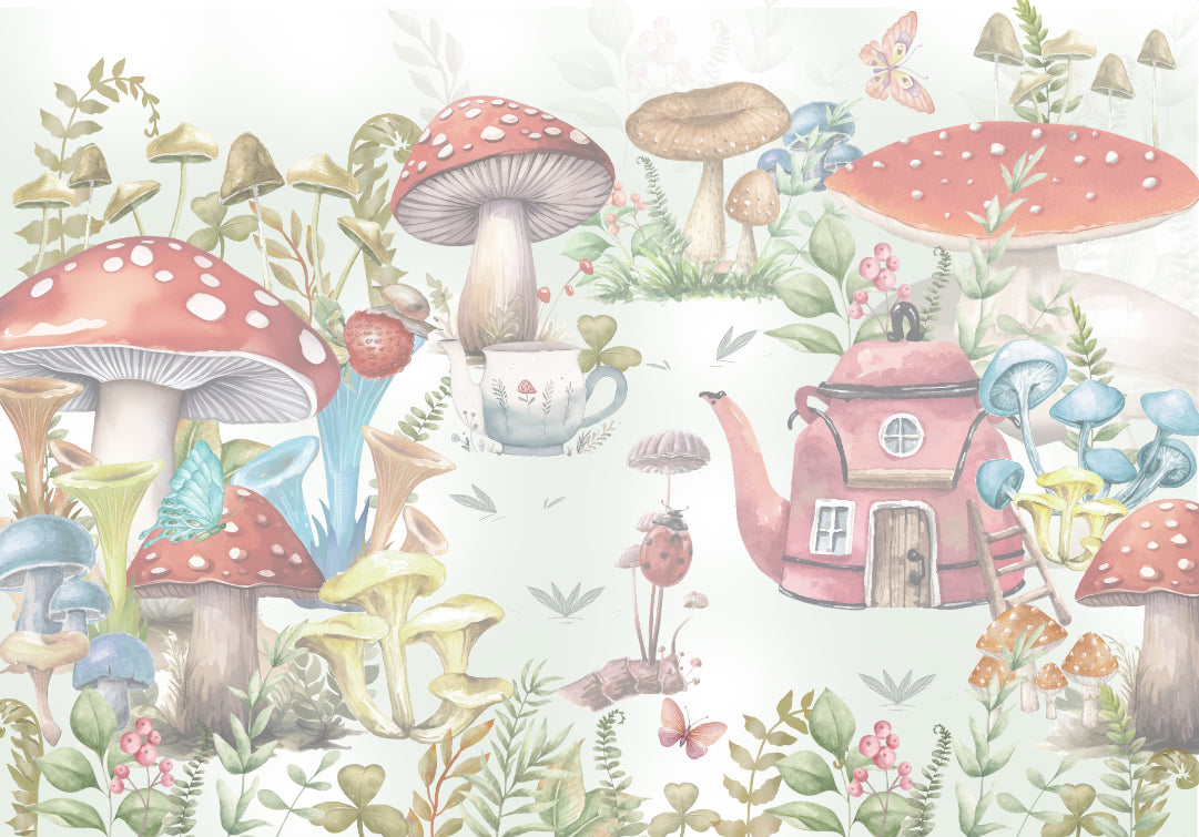 Whimsical Mushroom Garden Mural in your room