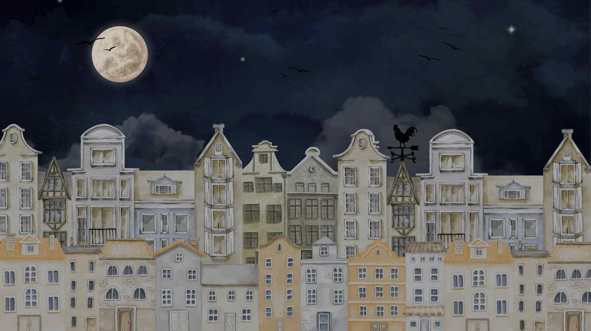 Watercolour Night House Wall Mural in your room — zoomed