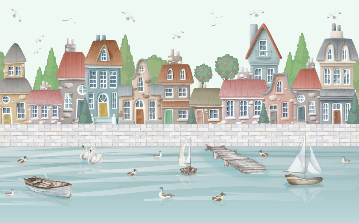 Waterfront City Wall Mural in your room — zoomed