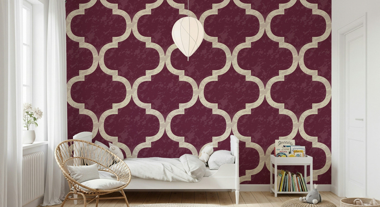 Moroccan ogee wallpaper in cabernet red with cream trellis
