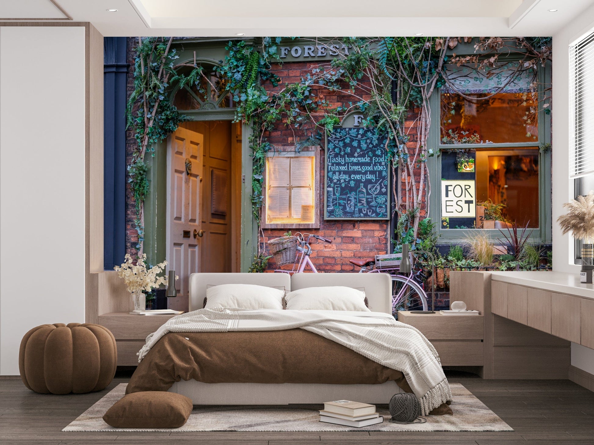 A high-angle view of the wall mural in a large space.

