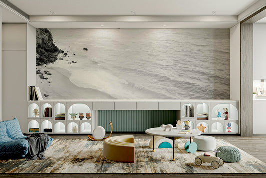 Black and white California coast wall mural.

