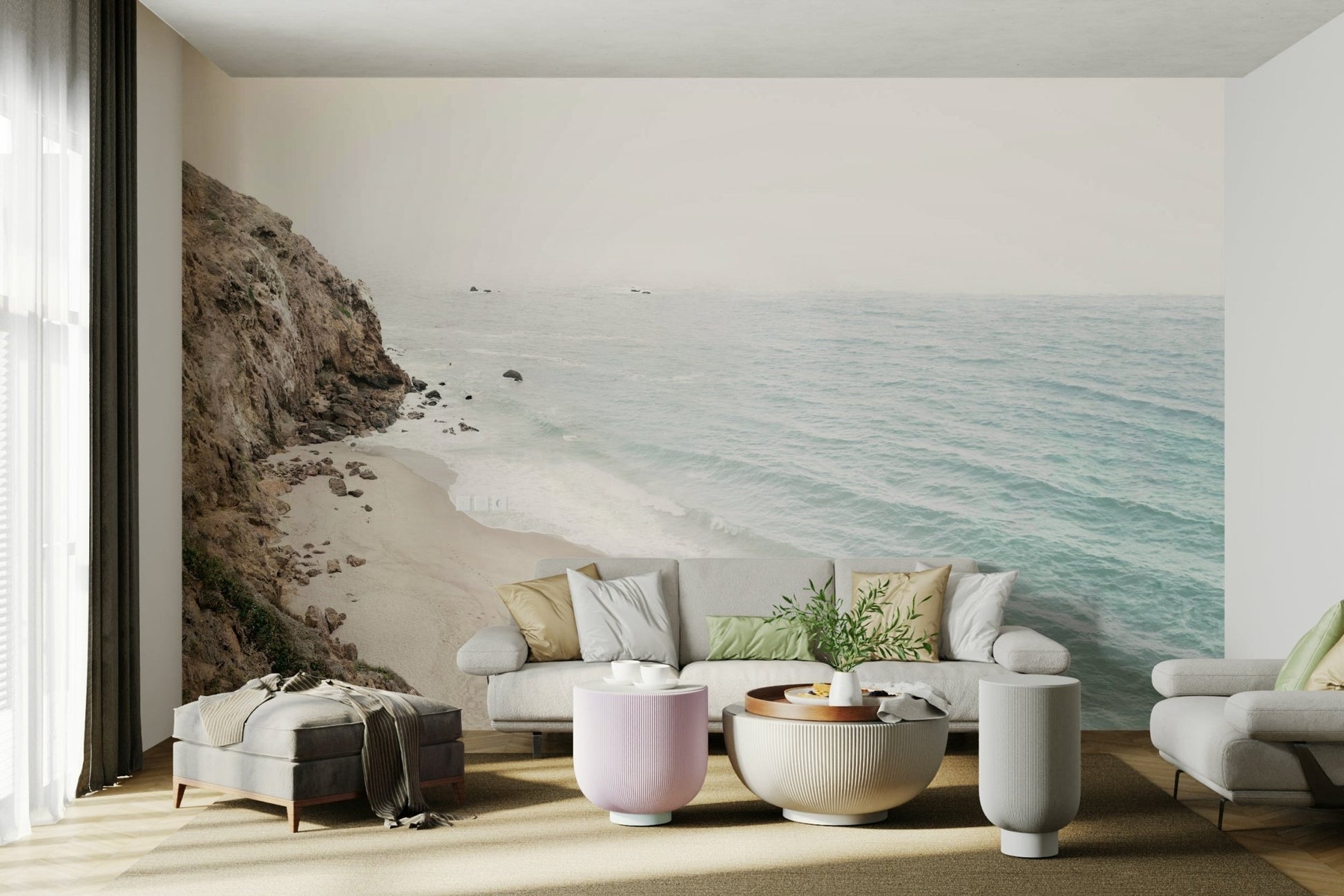 Dramatic California coast mural with sunset sky

