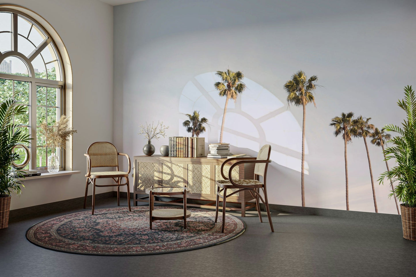 Warm sunset and palm tree California Dreaming wall mural.

