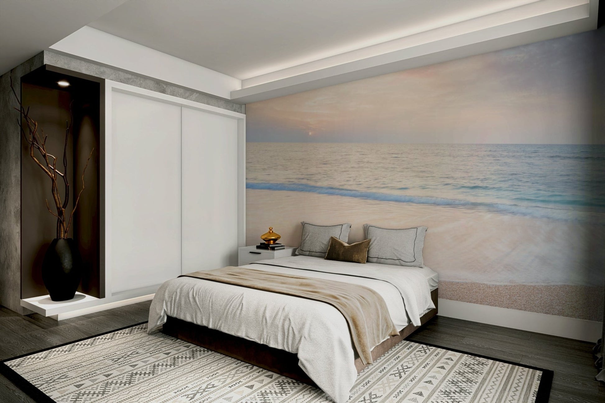 A wall mural of a calm beach.

