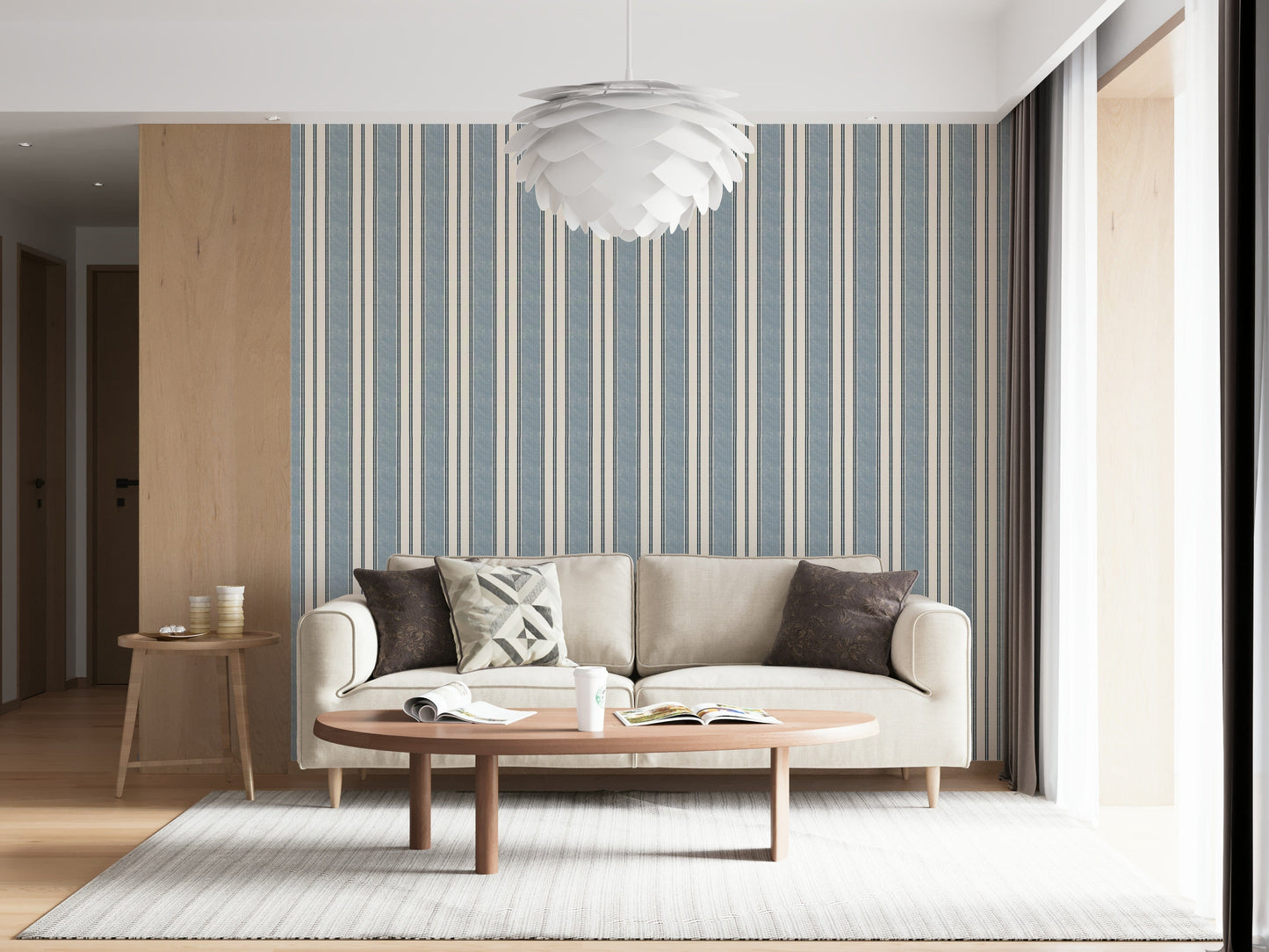 Nautical Stripe Calm wall mural with classic navy and white stripe patterns.