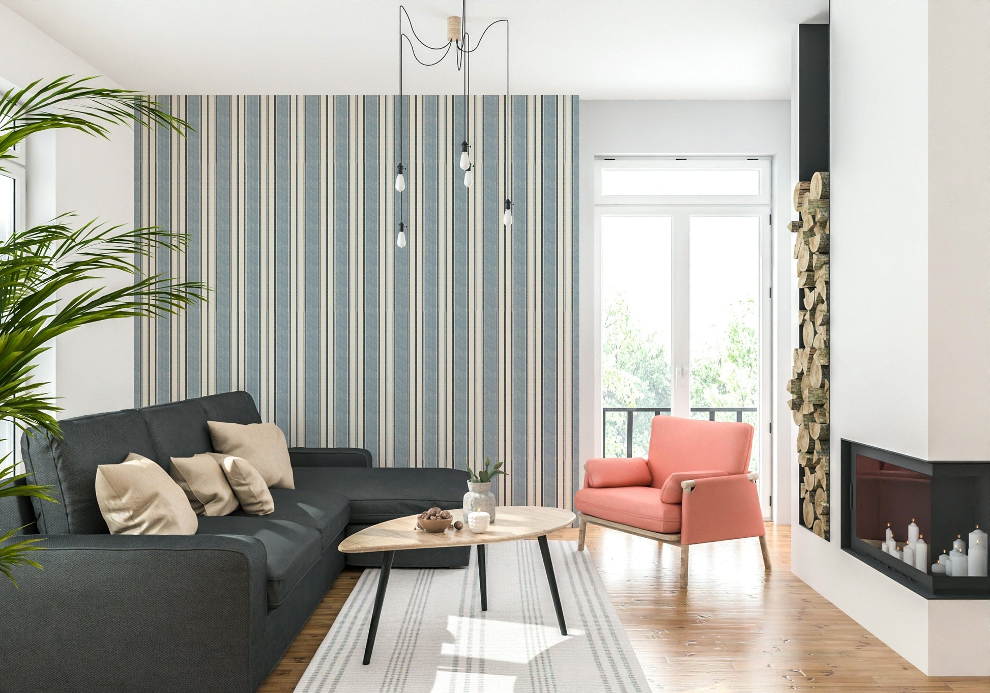 Soft stripe wallpaper in nautical colors for a peaceful, seaside-inspired interior.