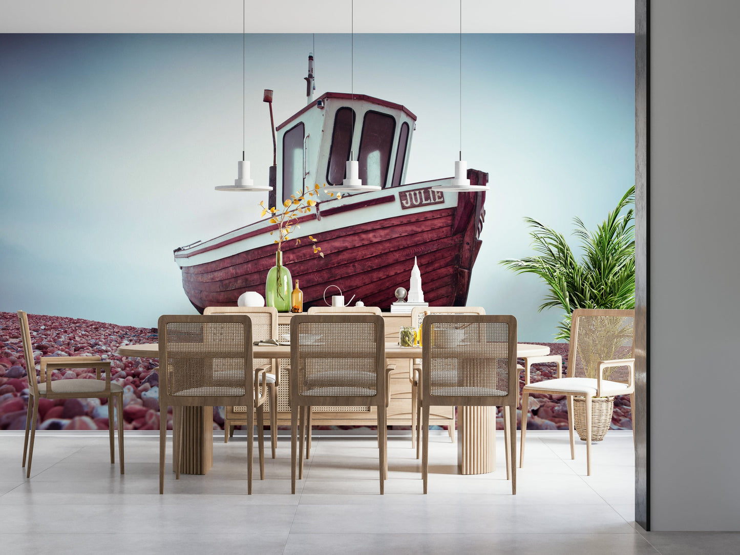 Coastal Boat Resting on Pebbled Strand wallpaper, abandoned boat, unique print.