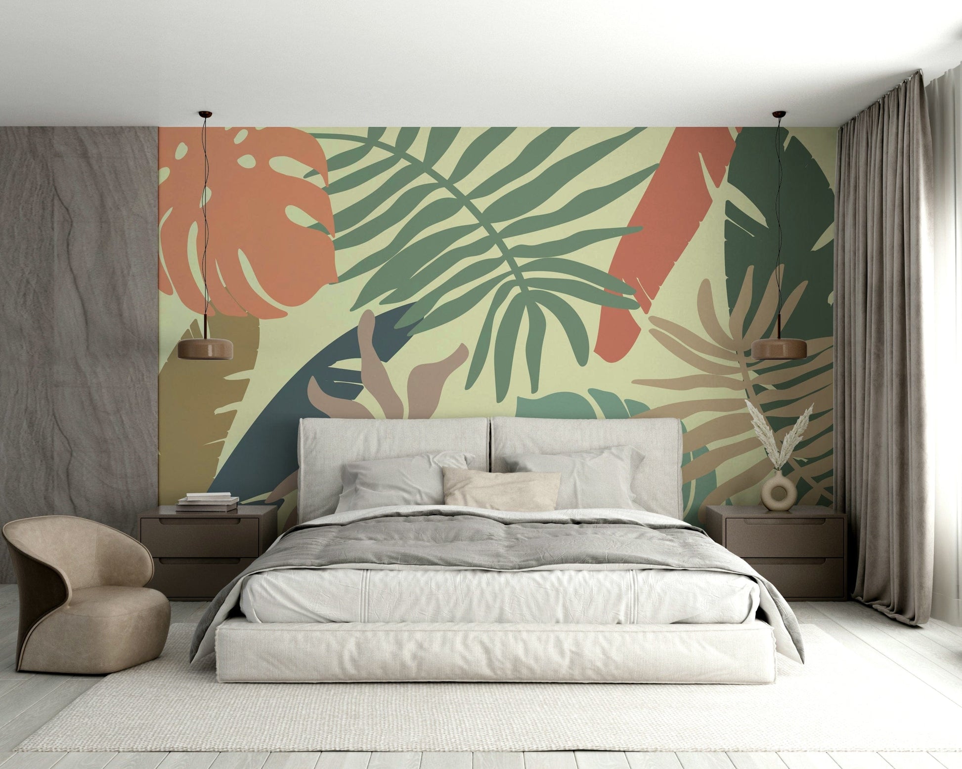 A contemplative leaf design wallpaper mural for a feature wall.

