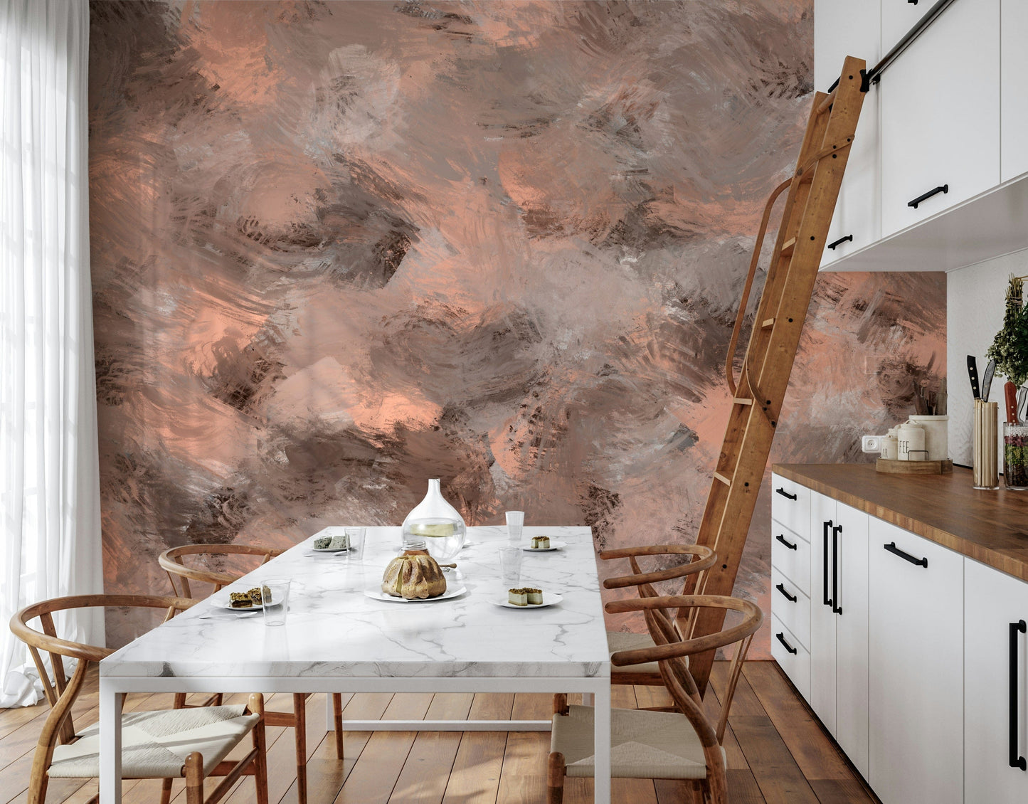 A peaceful pastel abstract mural on decorative wallpaper.