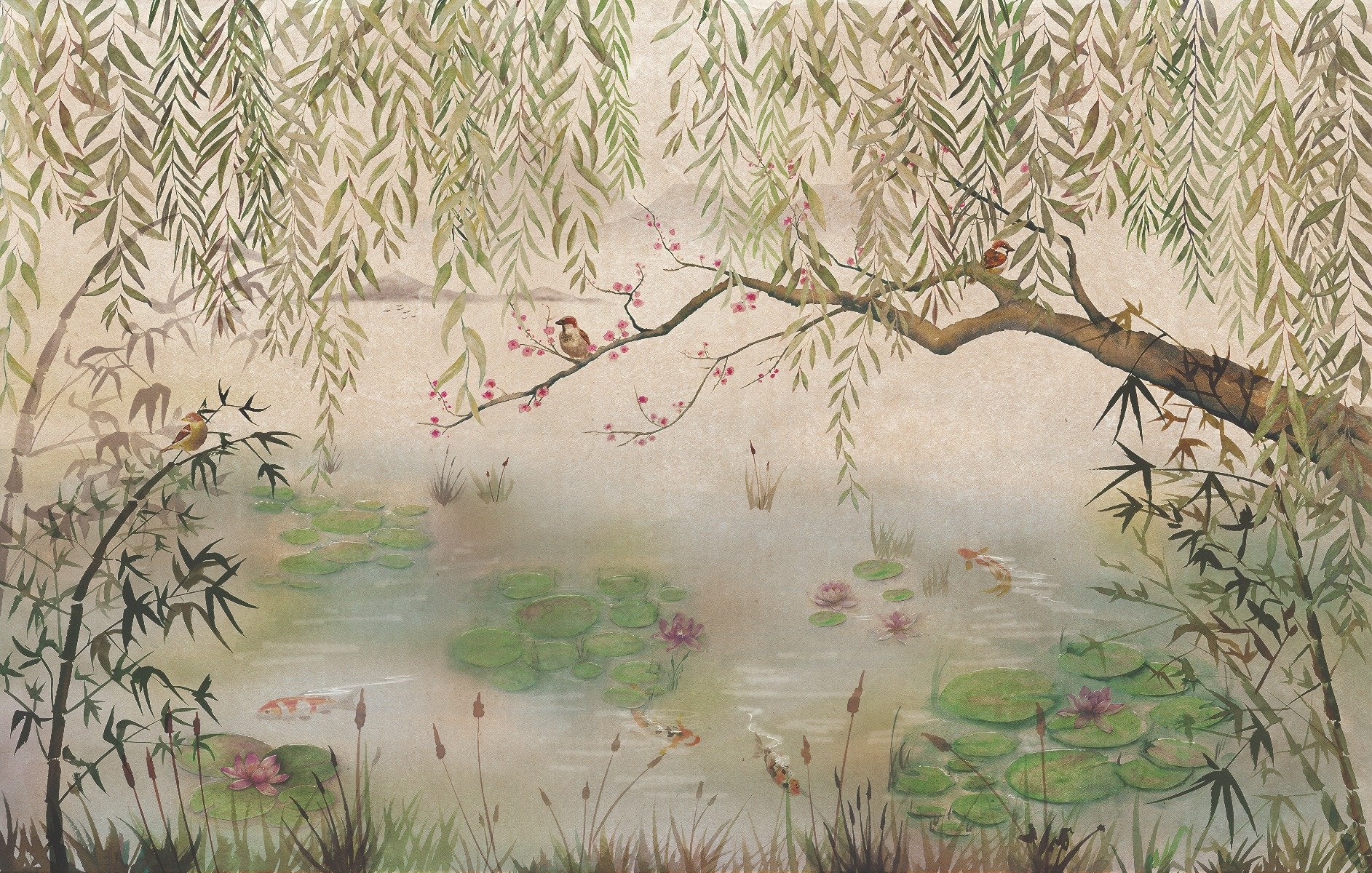 Green Hanging Leaves and Birds wallpaper mural shown as a full feature wall that highlights the design