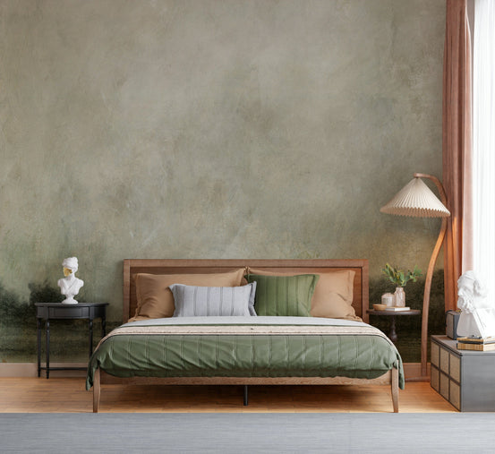 Tranquil Shoreline wallpaper mural in soft sage tones behind a wood bed with green bedding in a bedroom