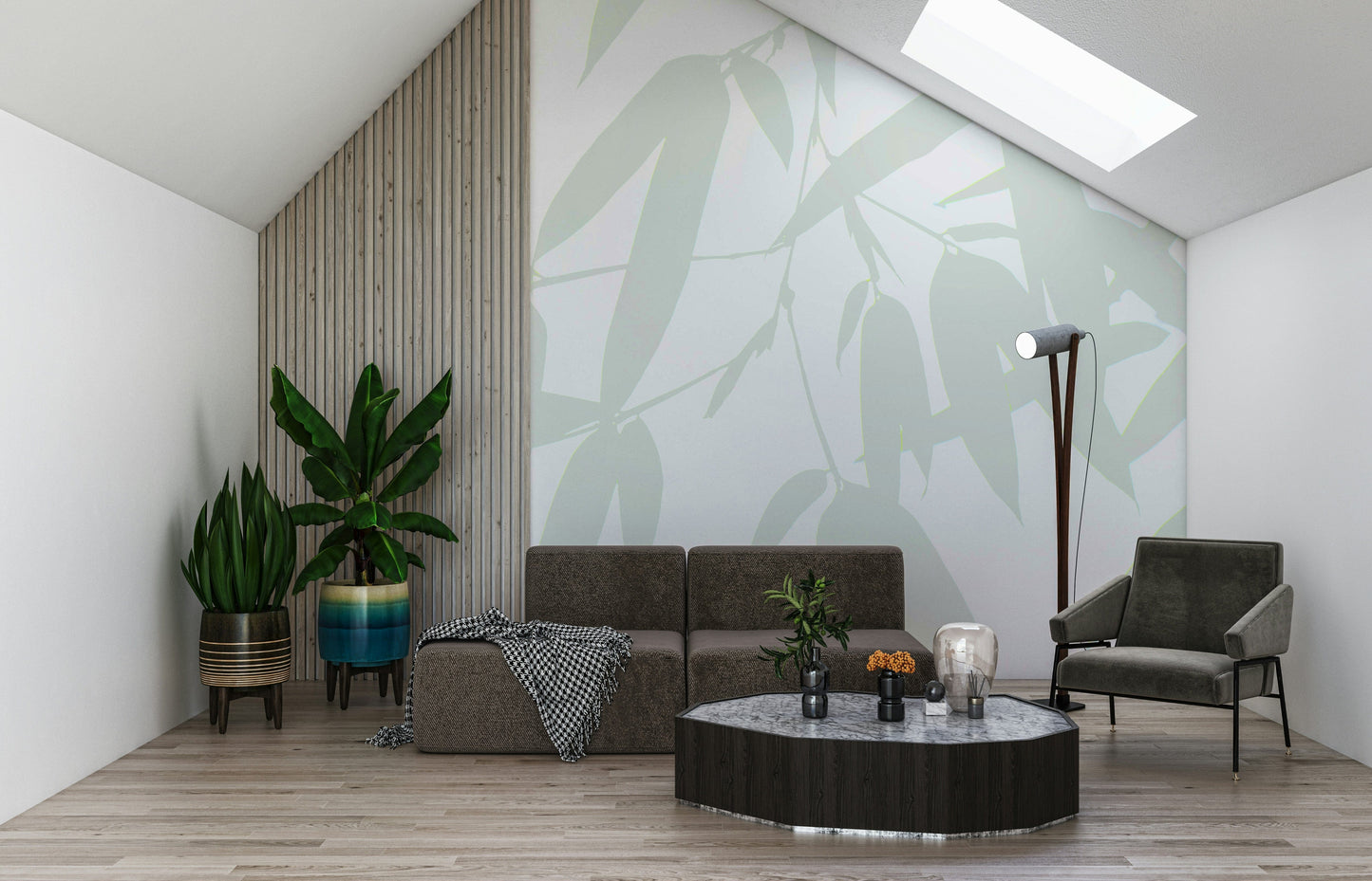 A light botanical wallpaper with softly shaded bamboo leaves for a calm, natural aesthetic.