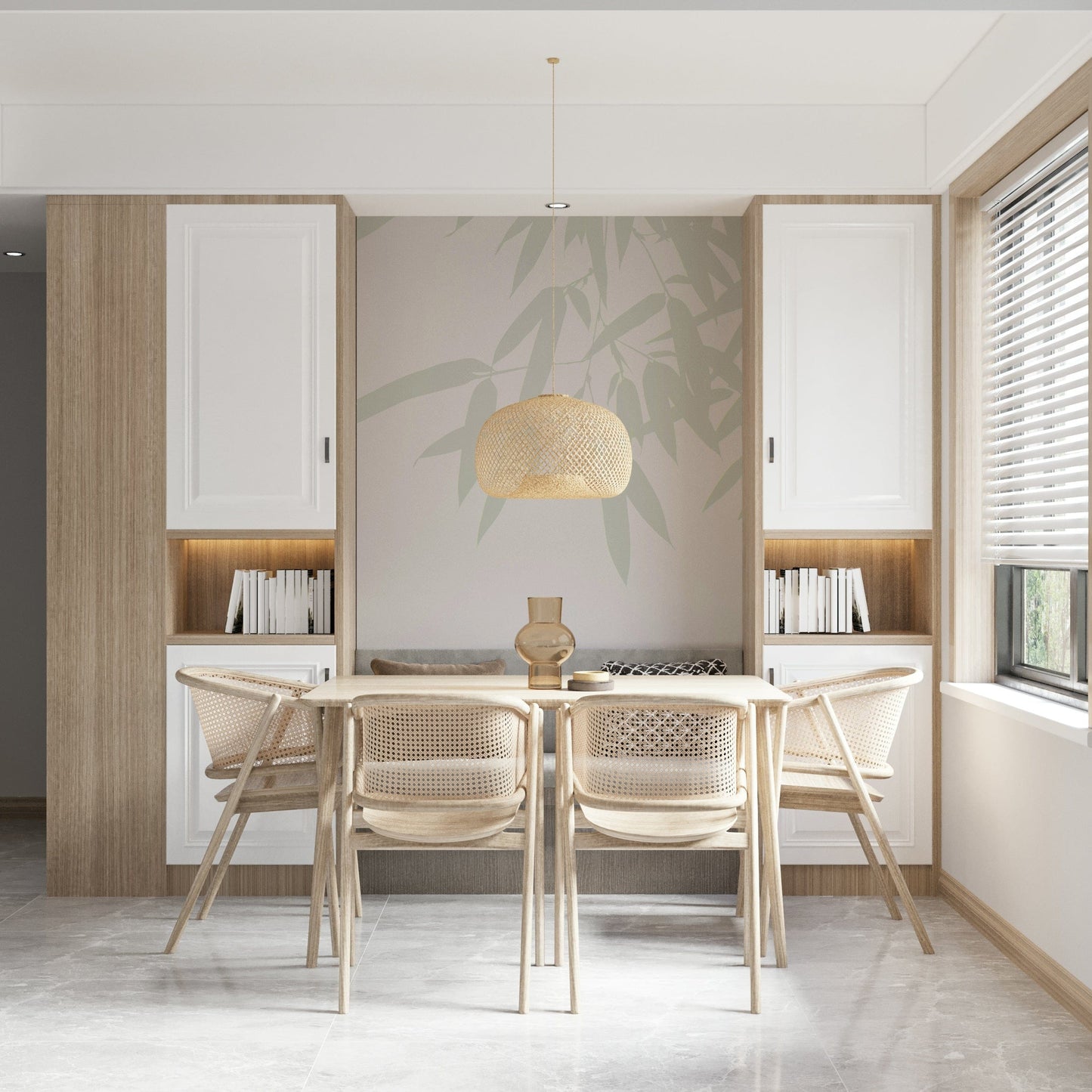 A tranquil wallpaper featuring oversized bamboo leaf shapes in a soft, muted green palette.
