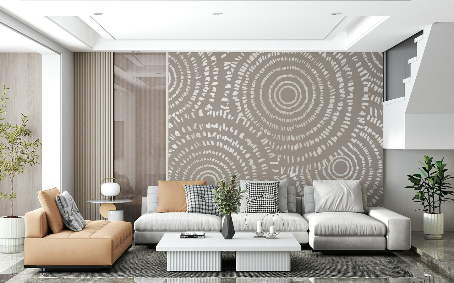 A calming abstract design wallpaper mural that defines a space.