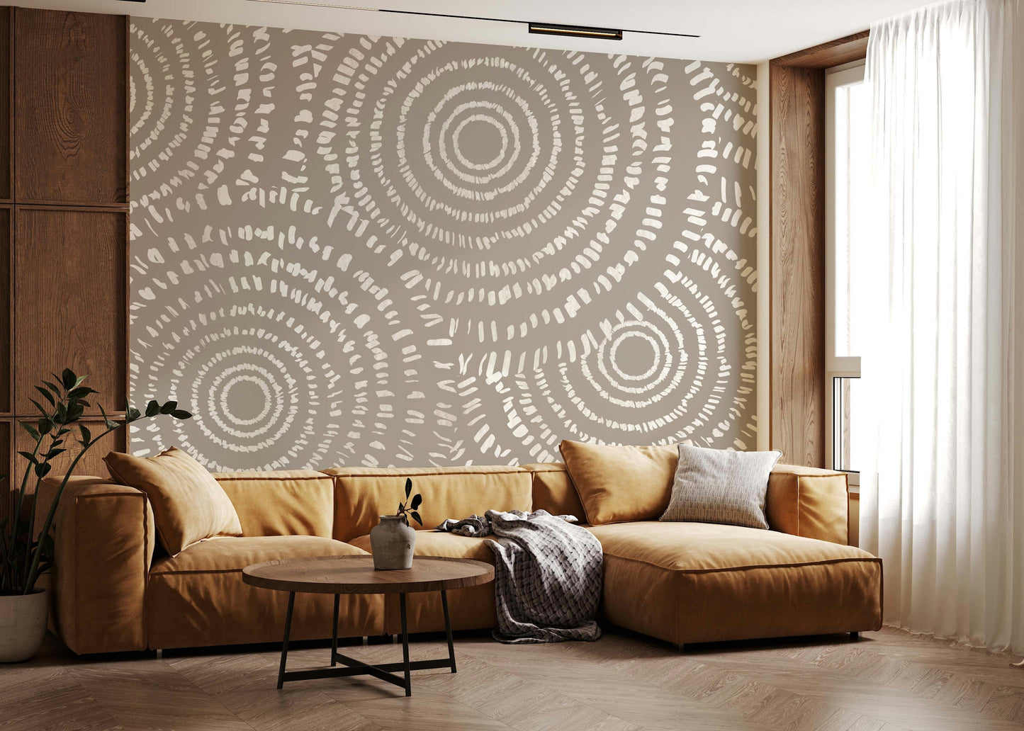 A peaceful modern abstract mural on decorative wallpaper.