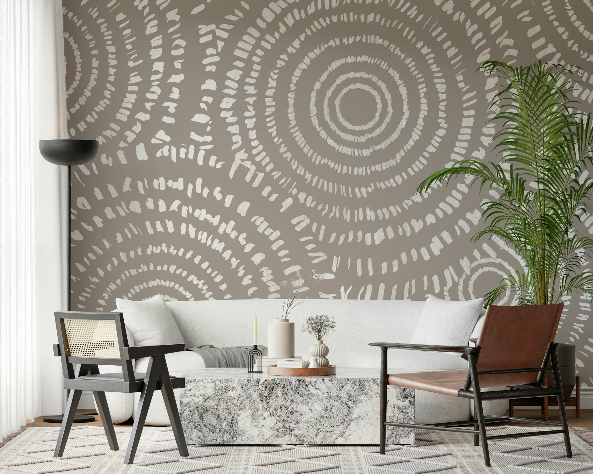 A contemplative gentle circle wallpaper mural for a feature wall.