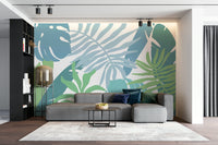 An artistic lush foliage mural on minimalist wallpaper.

