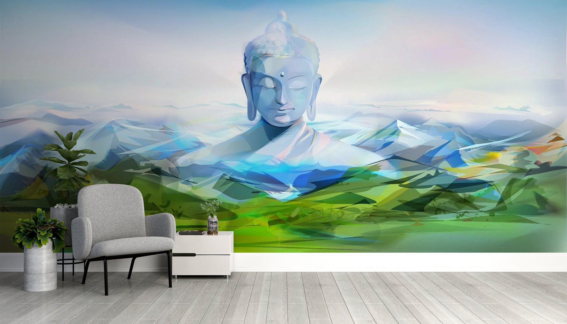 Calming Buddha Mountain wallpaper mural as a feature wall in a home office workspace in blue tones