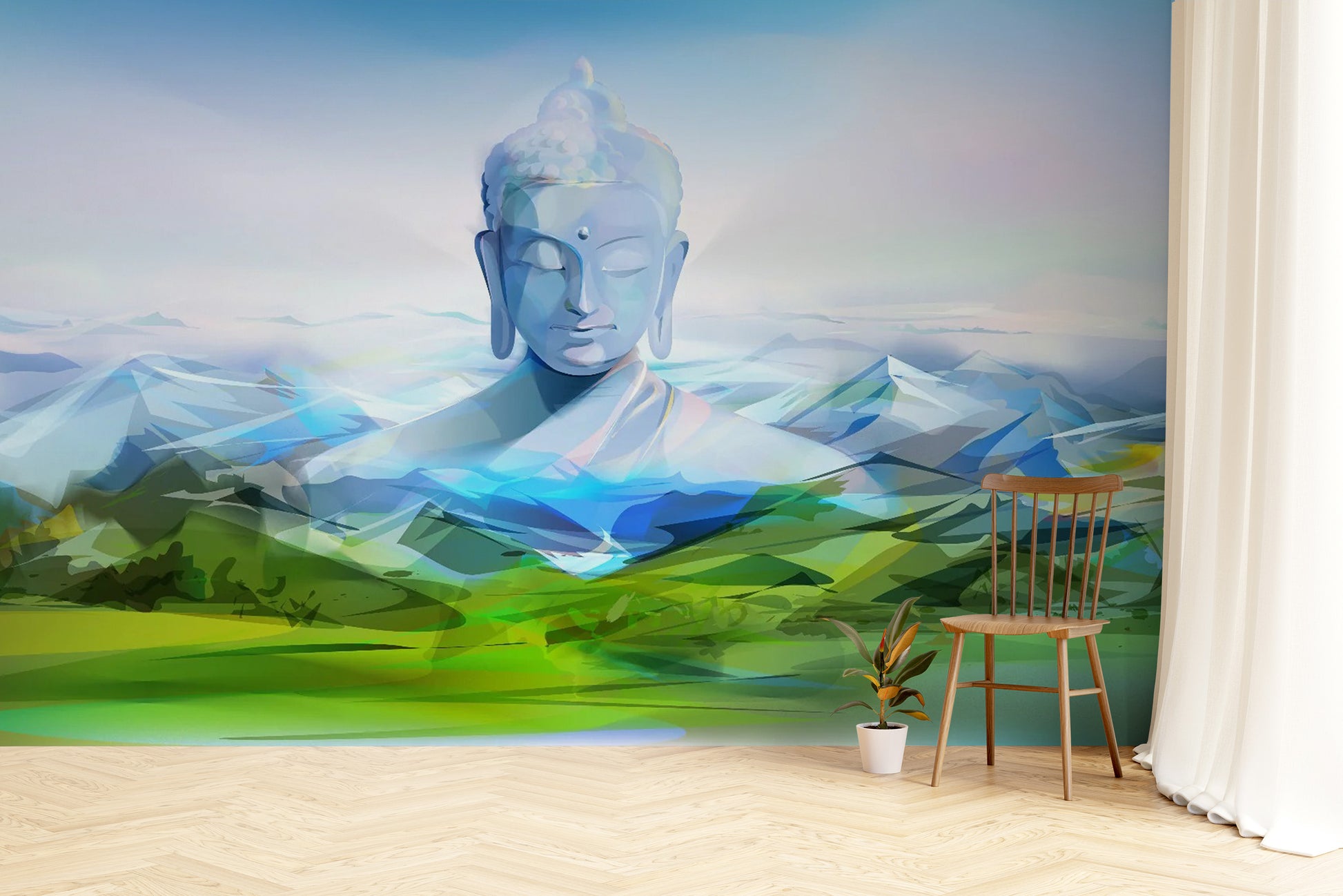 Calming Buddha Mountain wallpaper mural styled as a feature wall behind a dining table and chairs in blue tones