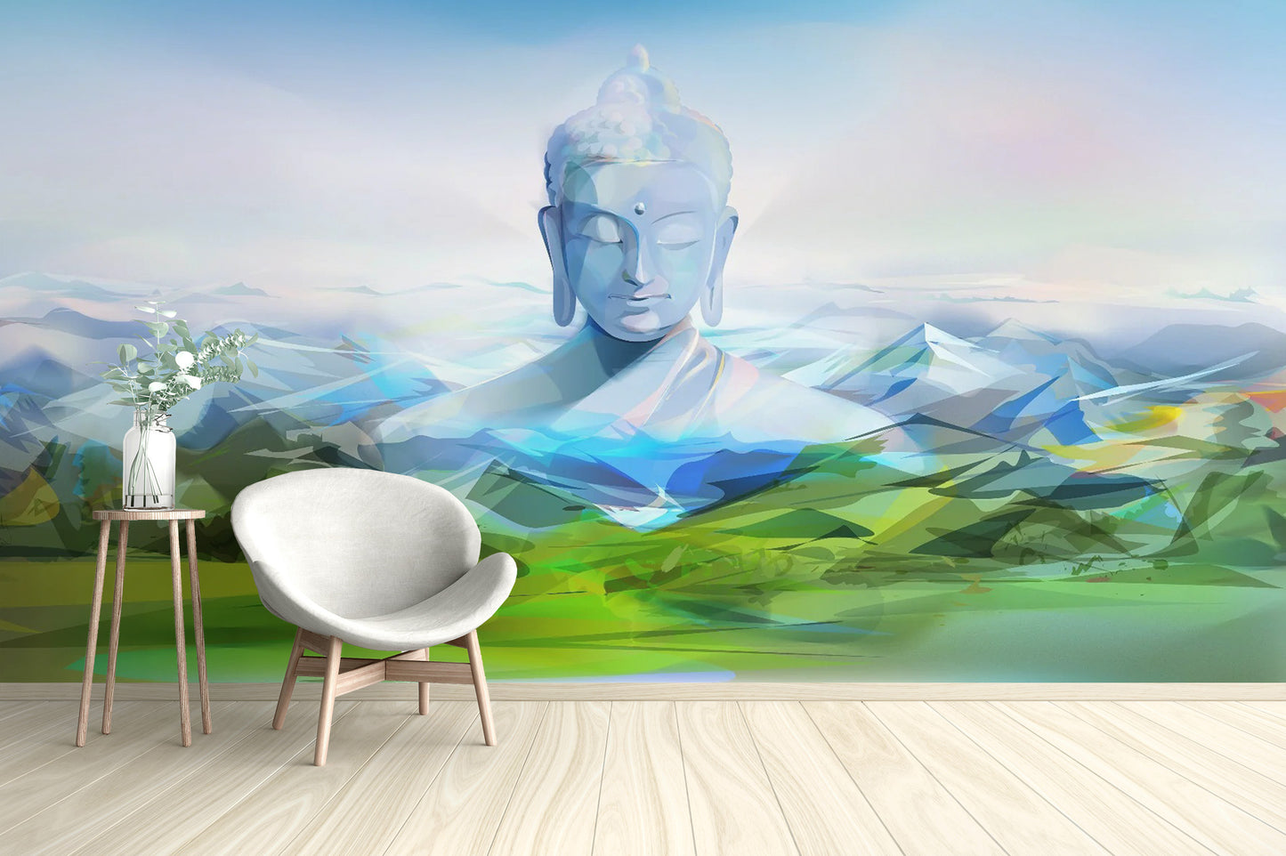 Calming Buddha Mountain wallpaper mural as a bedroom feature wall behind the headboard in blue tones