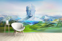Calming Buddha Mountain wallpaper mural as a bedroom feature wall behind the headboard in blue tones