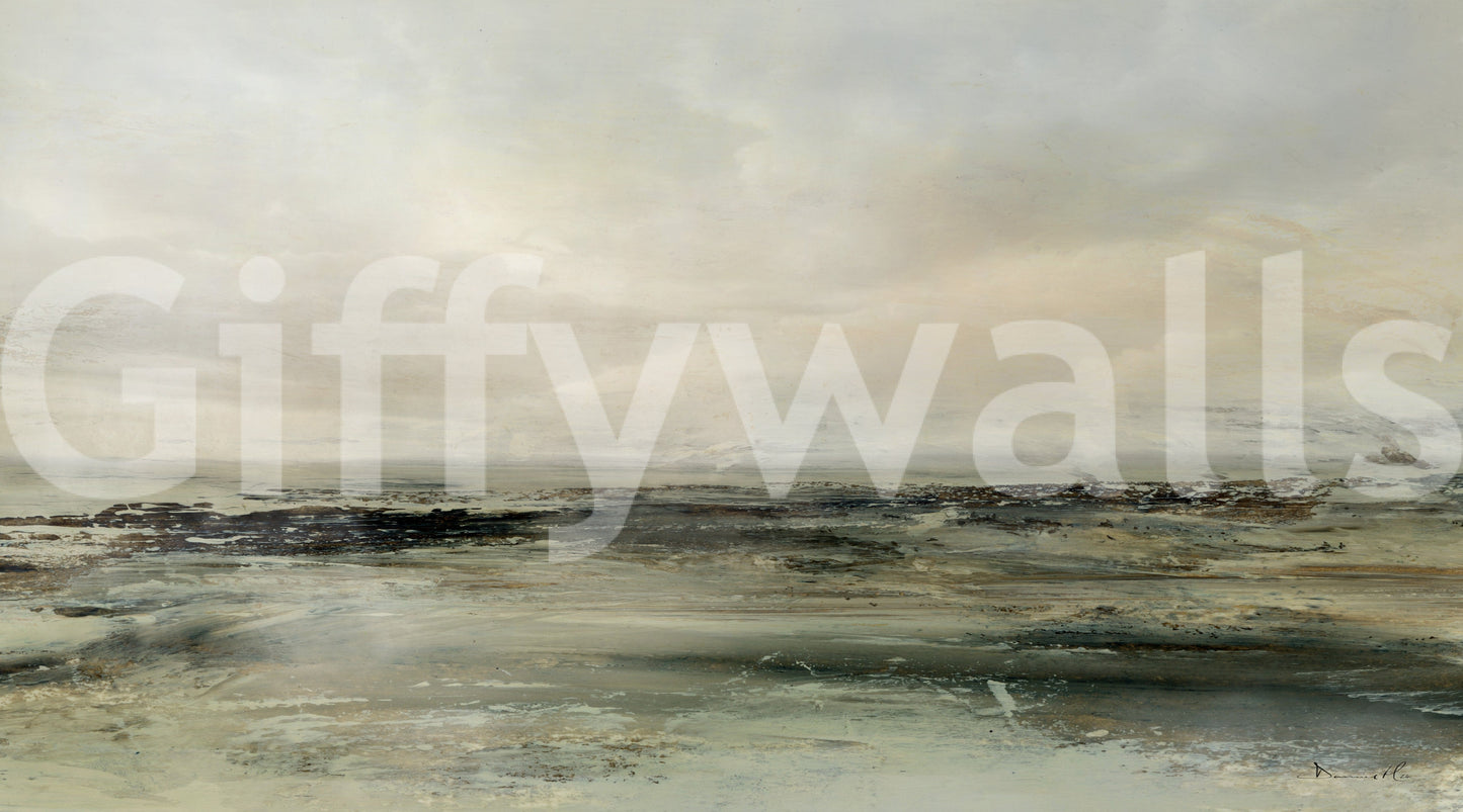 Coastal Hues wallpaper mural shown close up, an olive green and brown coastal shoreline under a hazy pale sky
