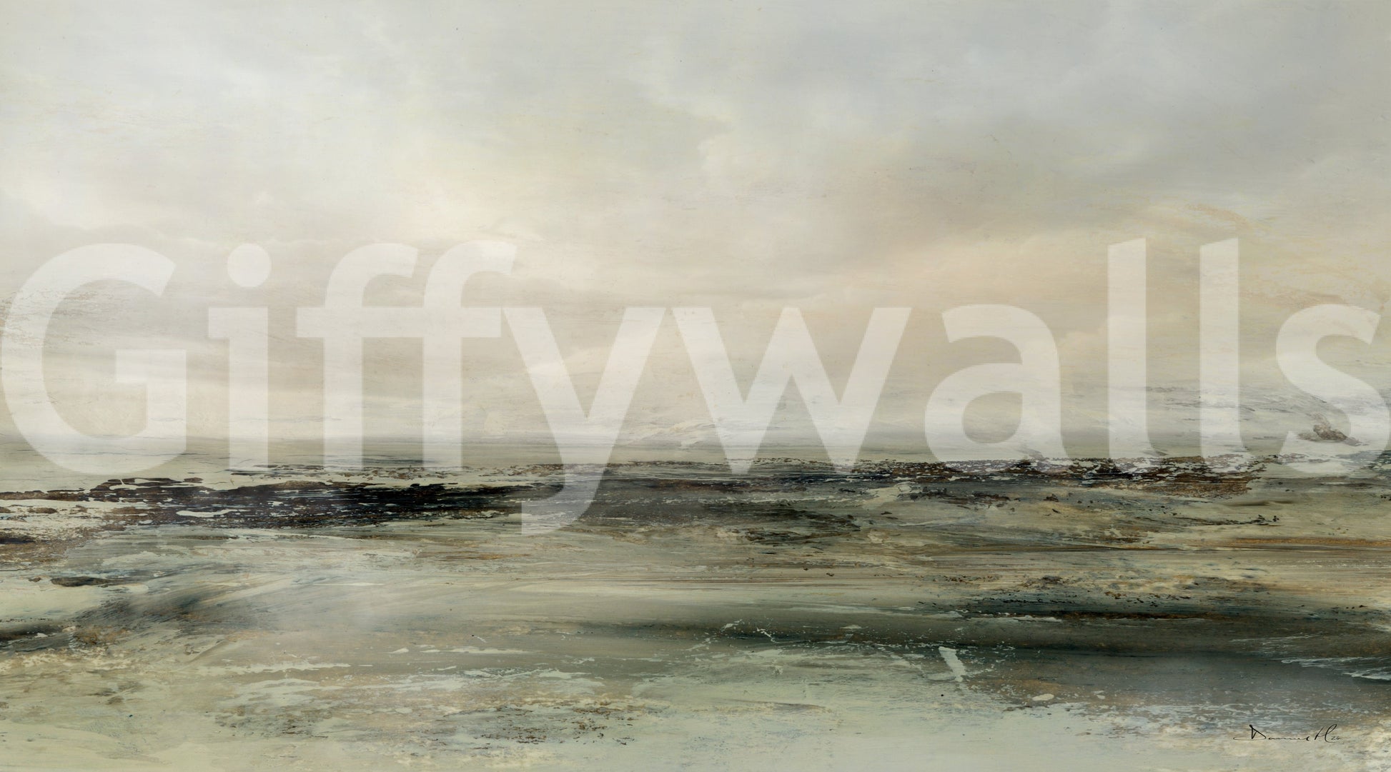 Coastal Hues wallpaper mural shown close up, an olive green and brown coastal shoreline under a hazy pale sky