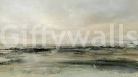 Coastal Hues wallpaper mural shown close up, an olive green and brown coastal shoreline under a hazy pale sky
