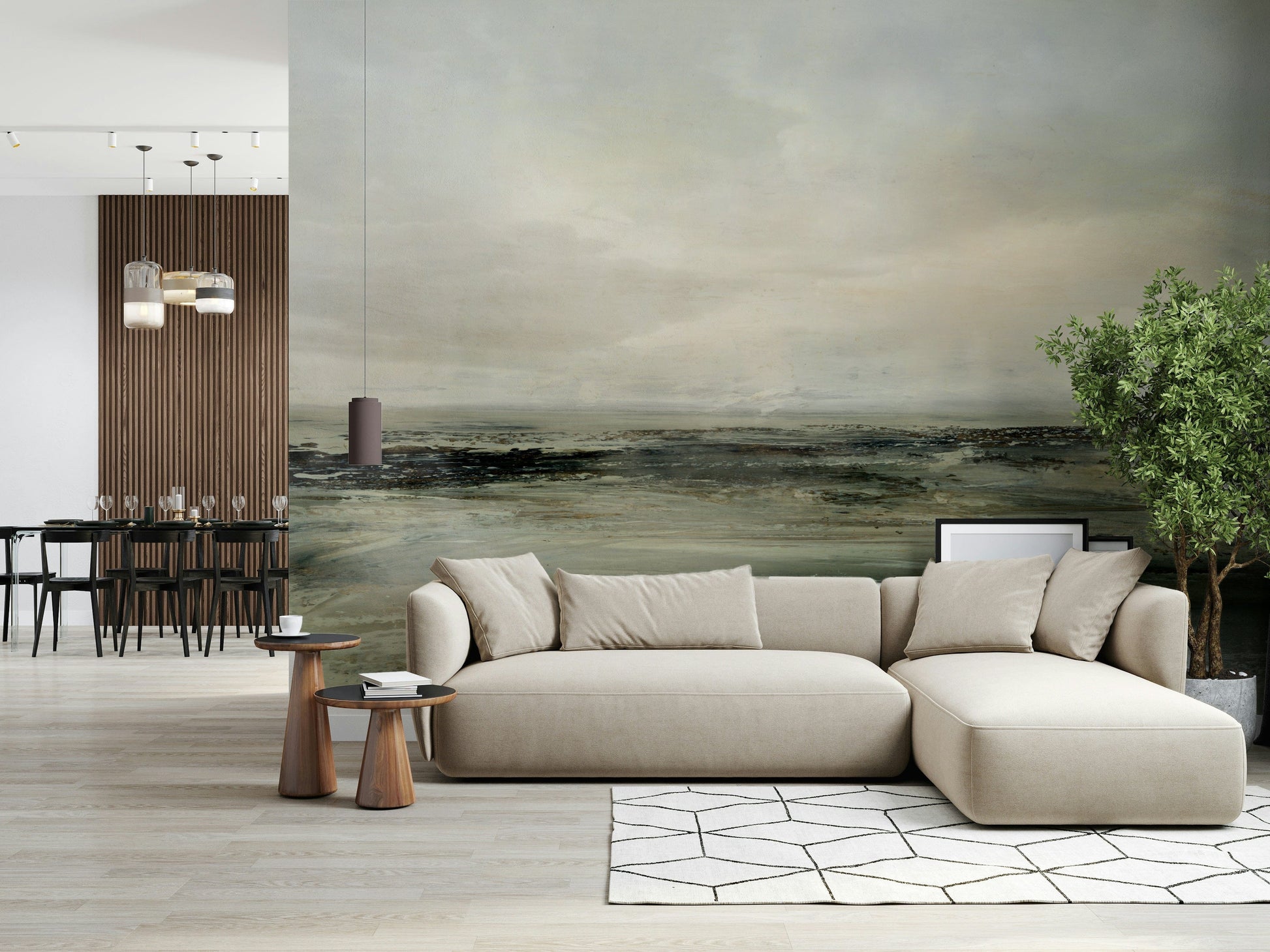 Coastal Hues wallpaper mural of a green marsh horizon behind a beige sectional sofa and olive tree in a living room