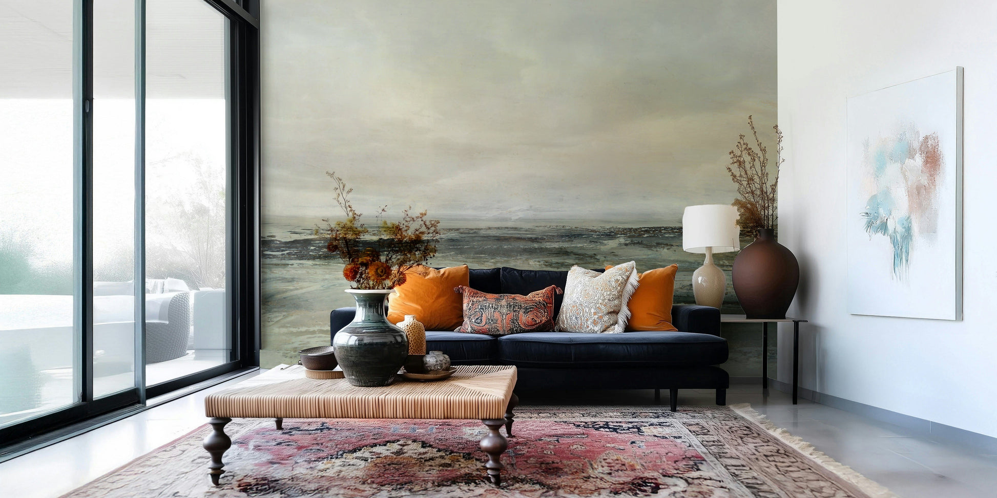 Coastal Hues wallpaper mural of a green coast behind a navy sofa with orange cushions in a living room
