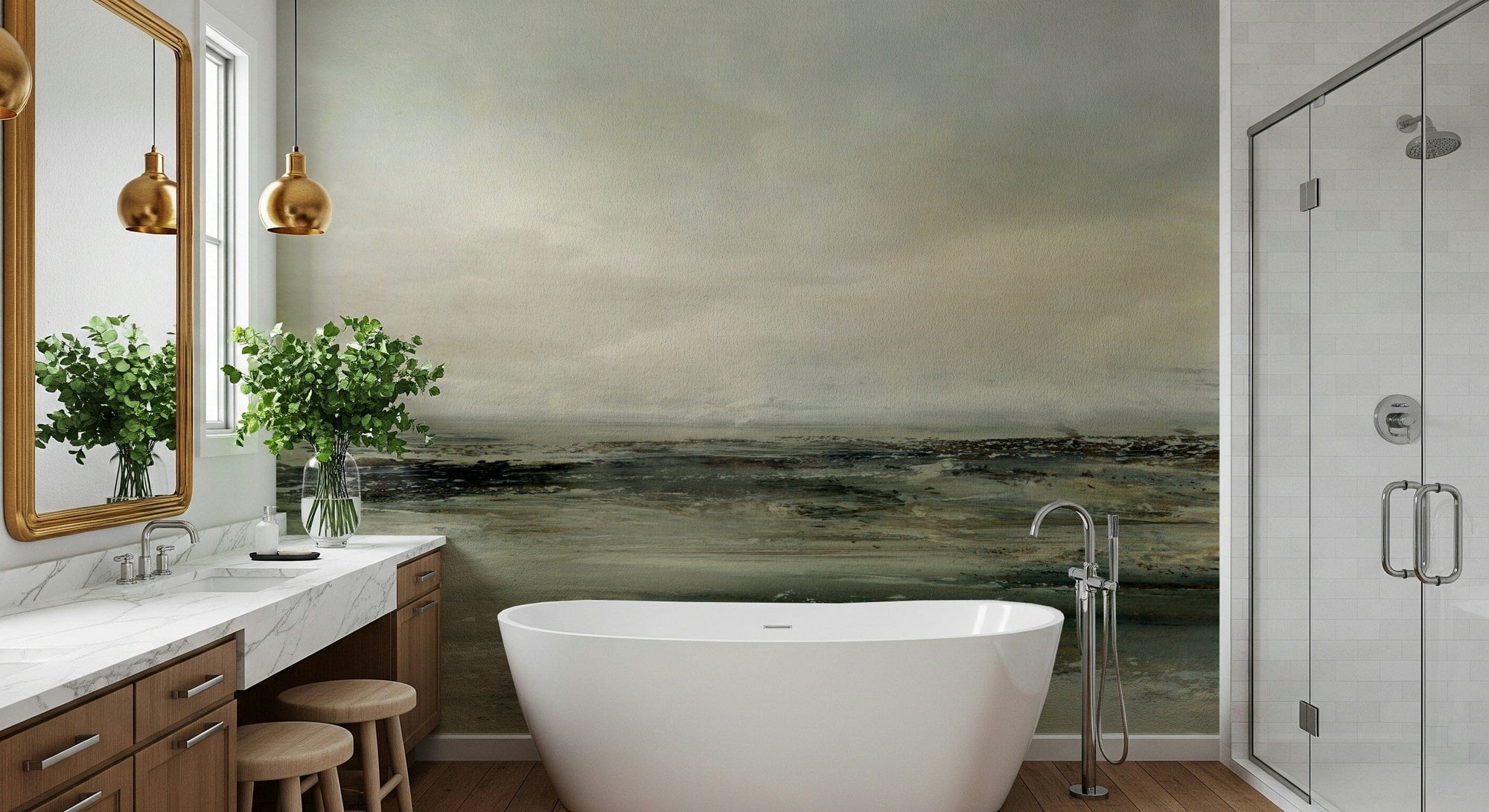 Coastal Hues wallpaper mural of a moody olive green shoreline behind a freestanding tub in a wood-vanity bathroom