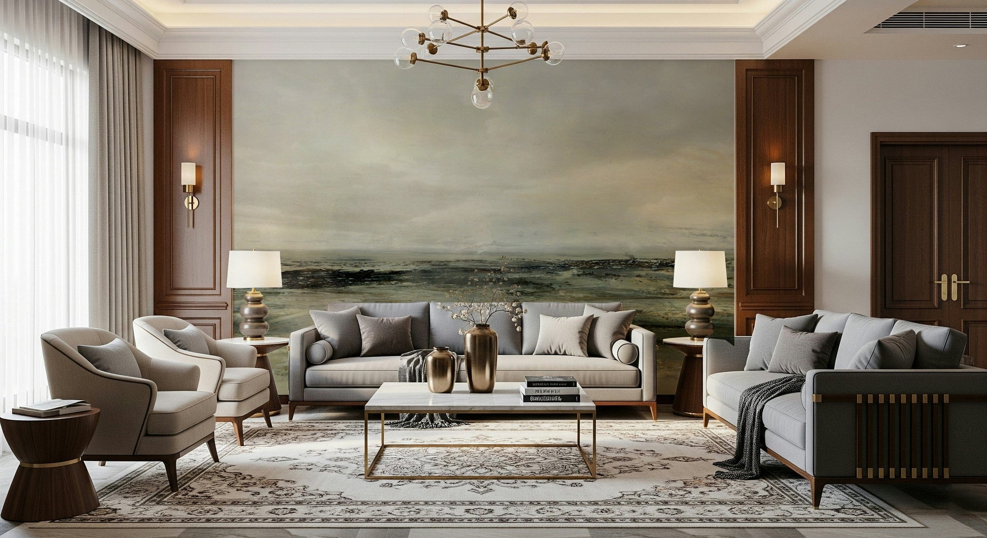 Coastal Hues wallpaper mural of a soft green horizon behind grey sofas under a gold chandelier in a formal living room