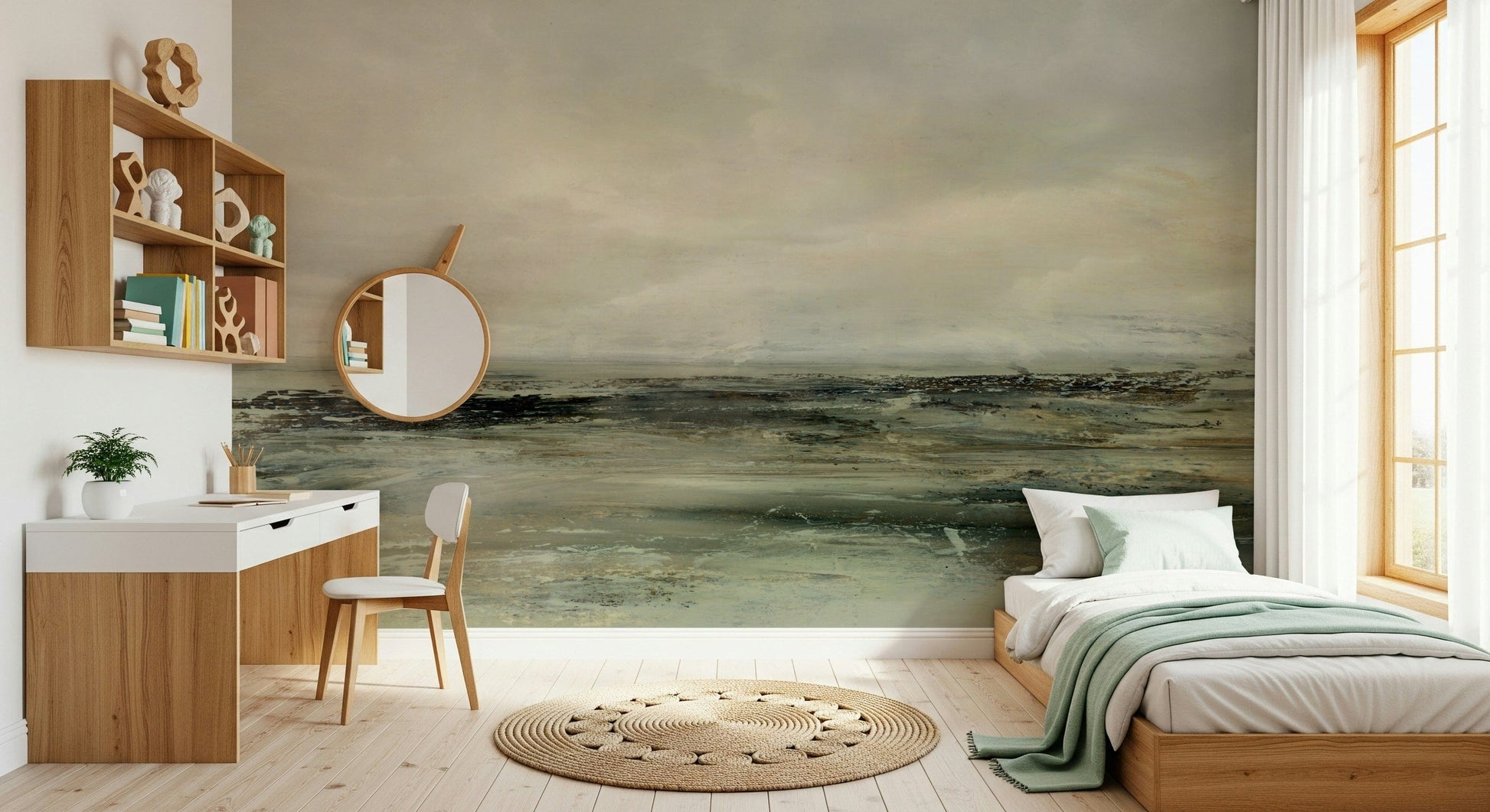 Coastal Hues wallpaper mural of an olive coastal scene behind a single bed and wood desk in a teen bedroom