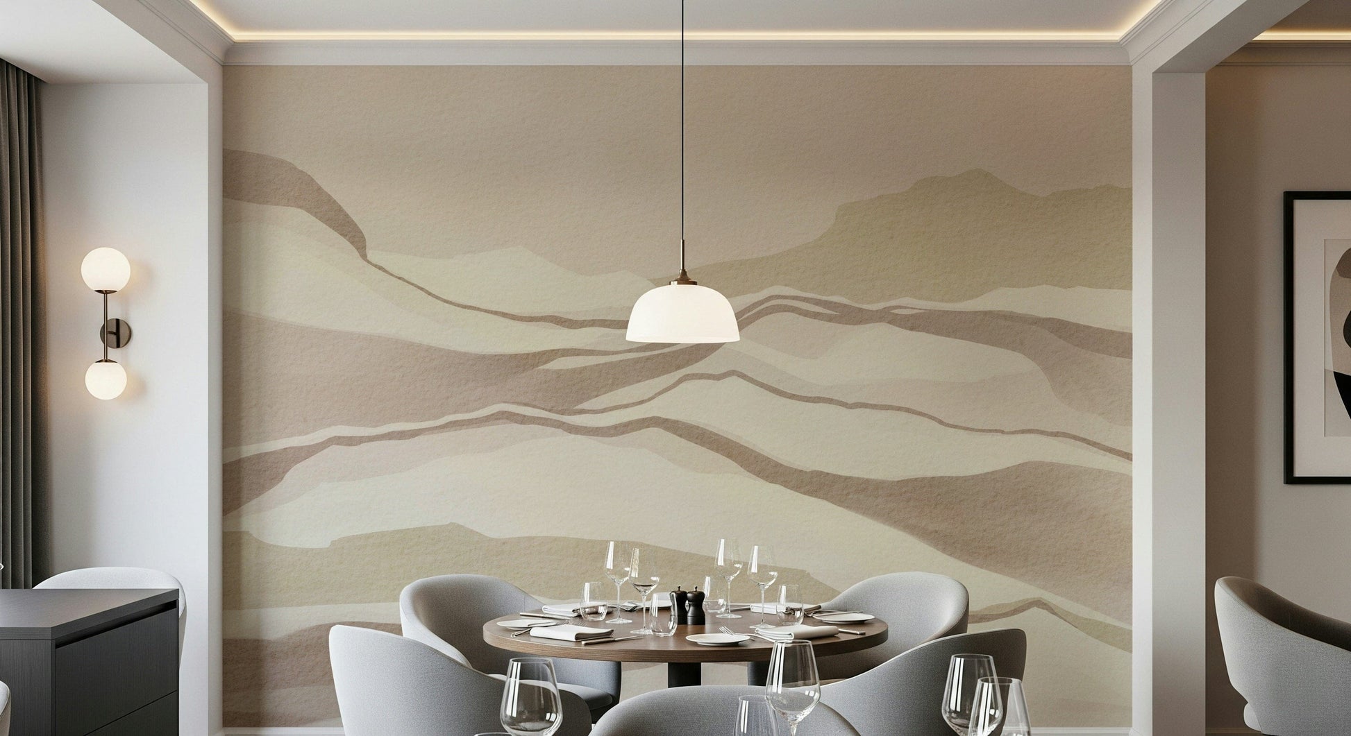 Elegant wall covering presenting fluid desert lines called Neutral Desertscape.