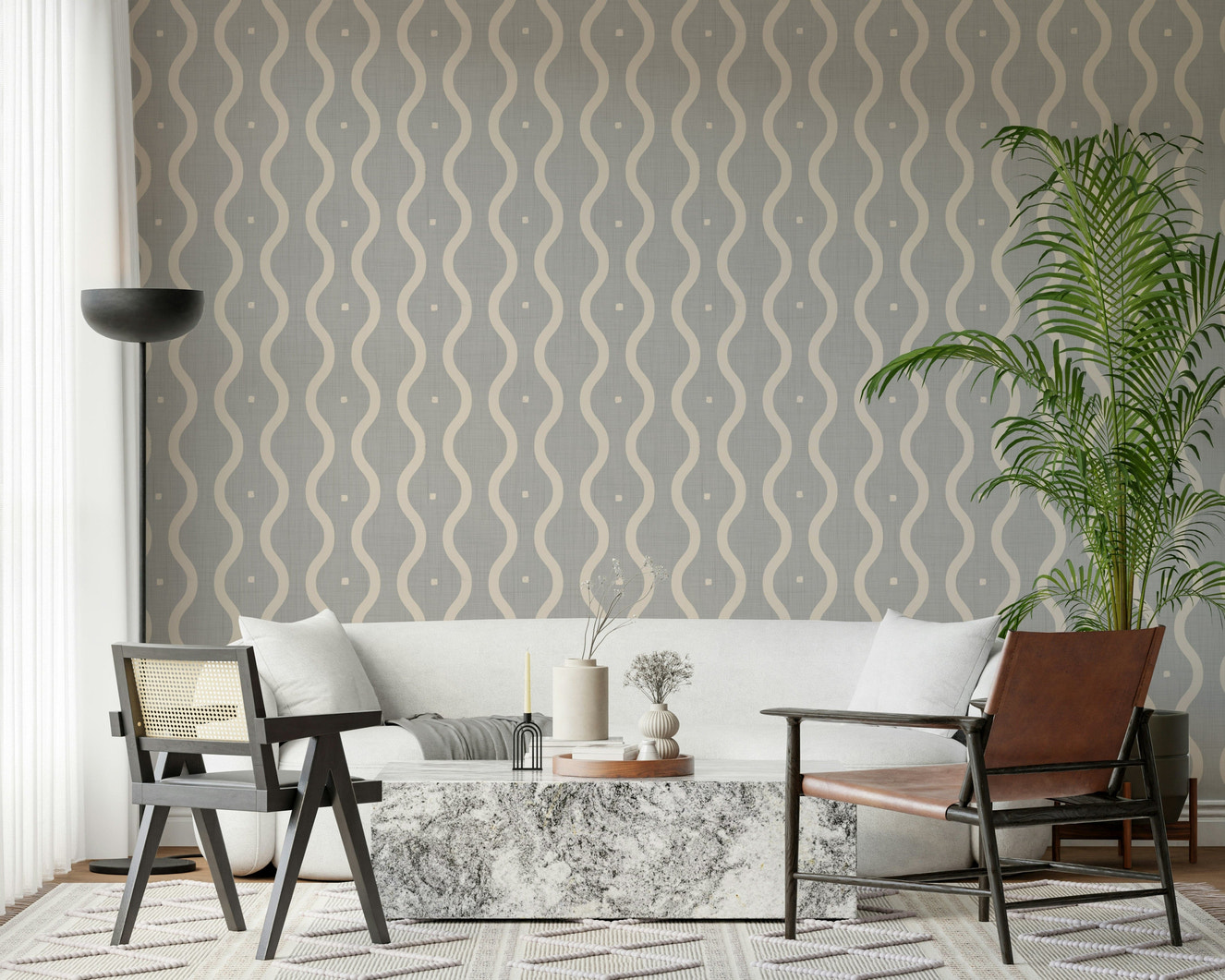 Subtle Serenity Grey wallpaper, flowing cream waves, linen texture.