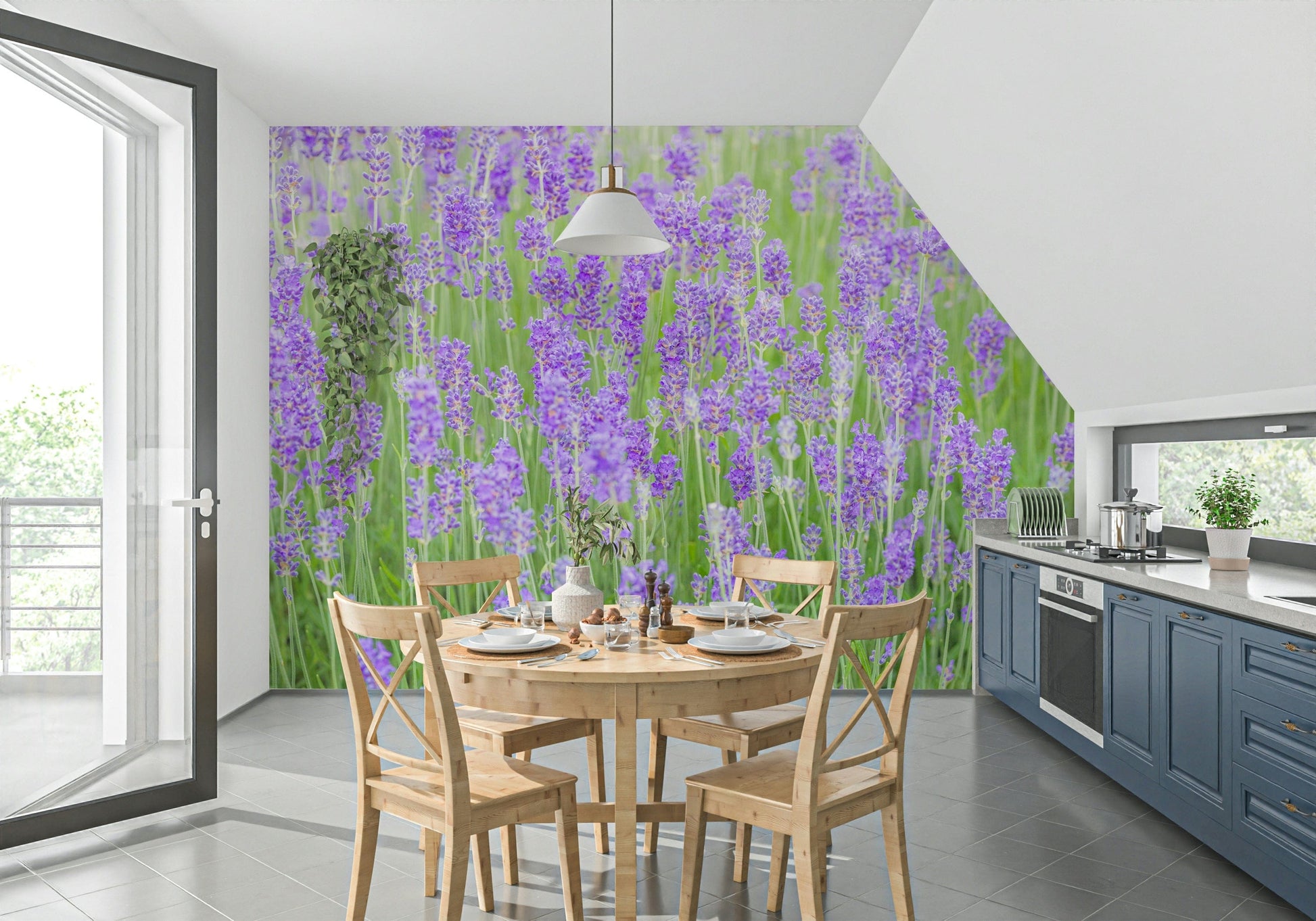 Aromatic purple blossoms on a Field Dream wall covering.