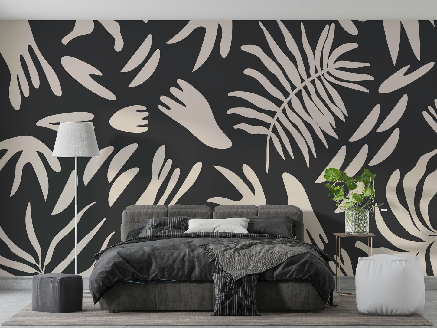 A peaceful abstract organic mural on decorative wallpaper.

