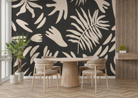 An artistic flowing shape mural on minimalist wallpaper.

