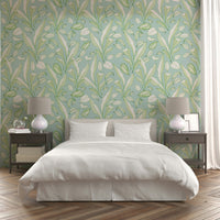 The pattern is shown on a wall in a modern living room.
