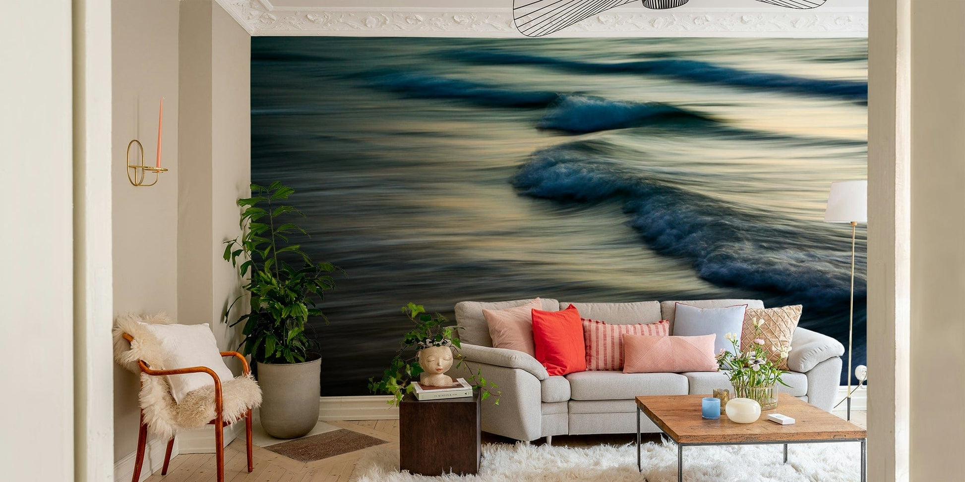 A graceful subtle pattern wall mural in cool, natural tones.


